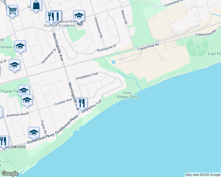 map of restaurants, bars, coffee shops, grocery stores, and more near 73 Fordover Drive in Toronto