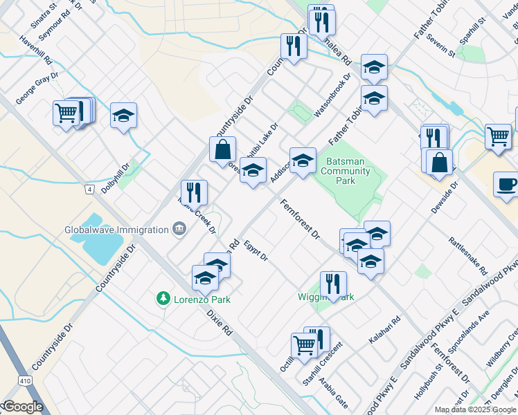 map of restaurants, bars, coffee shops, grocery stores, and more near 458 Father Tobin Road in Brampton