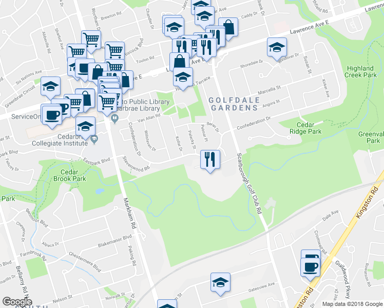 map of restaurants, bars, coffee shops, grocery stores, and more near 113 Confederation Drive in Toronto