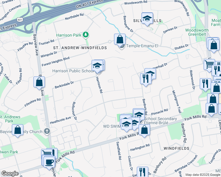 map of restaurants, bars, coffee shops, grocery stores, and more near in Toronto