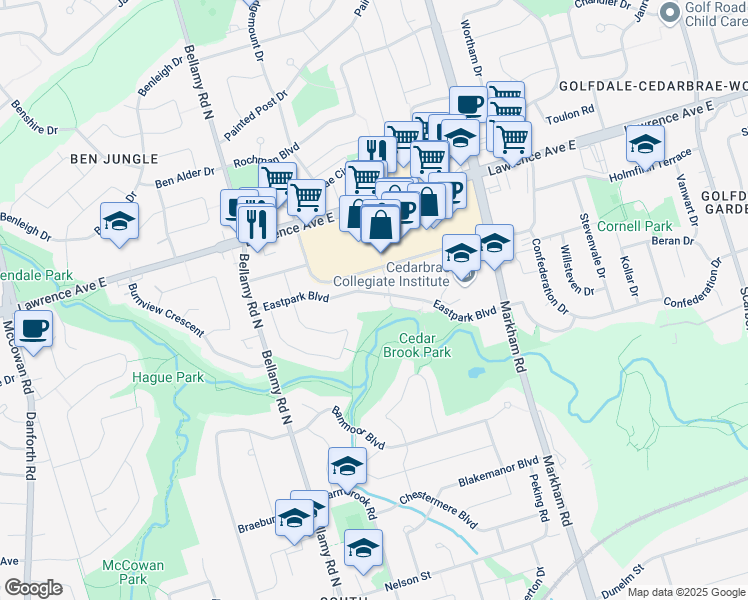 map of restaurants, bars, coffee shops, grocery stores, and more near 53 Eastpark Boulevard in Toronto