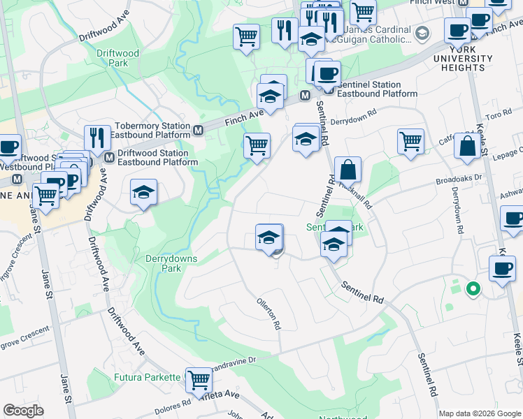map of restaurants, bars, coffee shops, grocery stores, and more near 49 Dundee Drive in Toronto