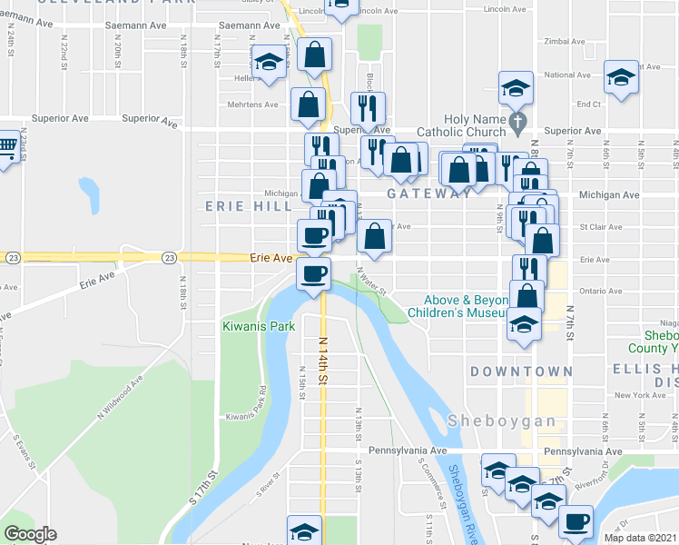map of restaurants, bars, coffee shops, grocery stores, and more near 1029 North 14th Street in Sheboygan
