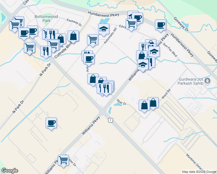 map of restaurants, bars, coffee shops, grocery stores, and more near 5 Automatic Road in Brampton
