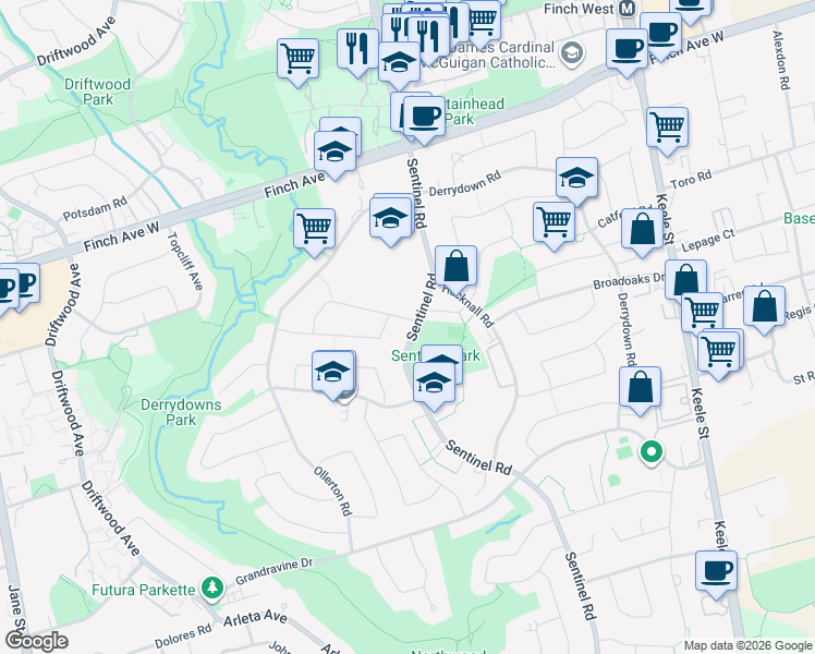 map of restaurants, bars, coffee shops, grocery stores, and more near in Toronto