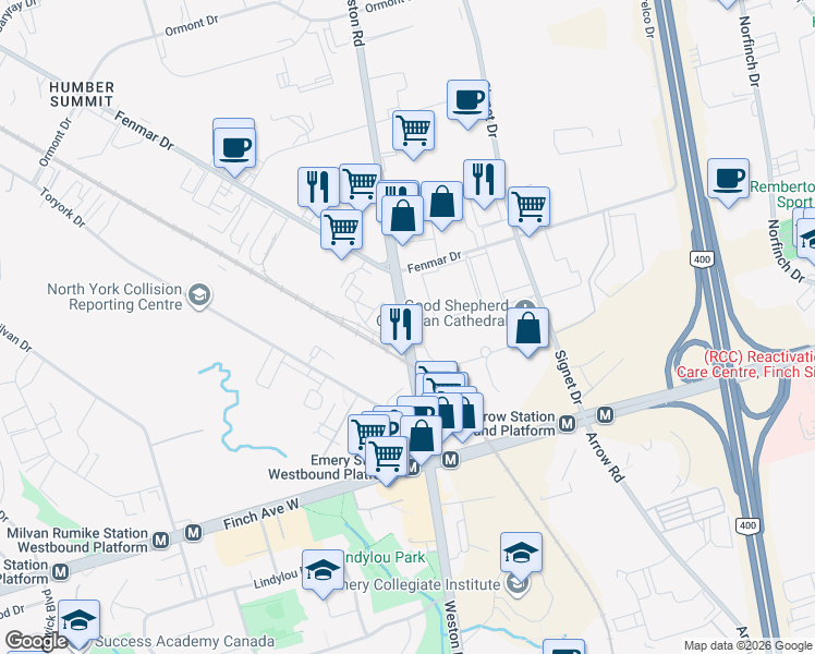 map of restaurants, bars, coffee shops, grocery stores, and more near 3600 Weston Road in Toronto