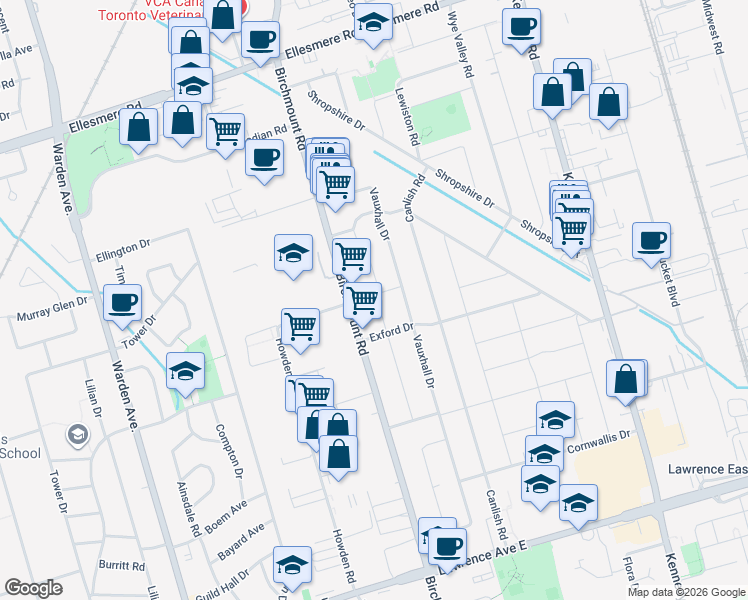 map of restaurants, bars, coffee shops, grocery stores, and more near 60 Bergen Road in Toronto