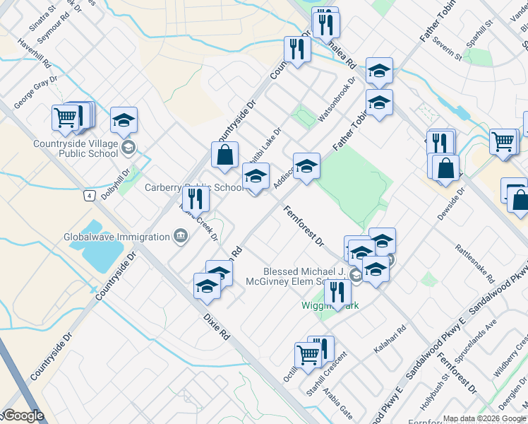 map of restaurants, bars, coffee shops, grocery stores, and more near 456 Father Tobin Road in Brampton