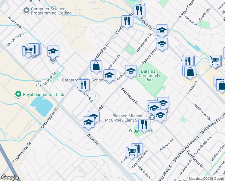 map of restaurants, bars, coffee shops, grocery stores, and more near in Brampton