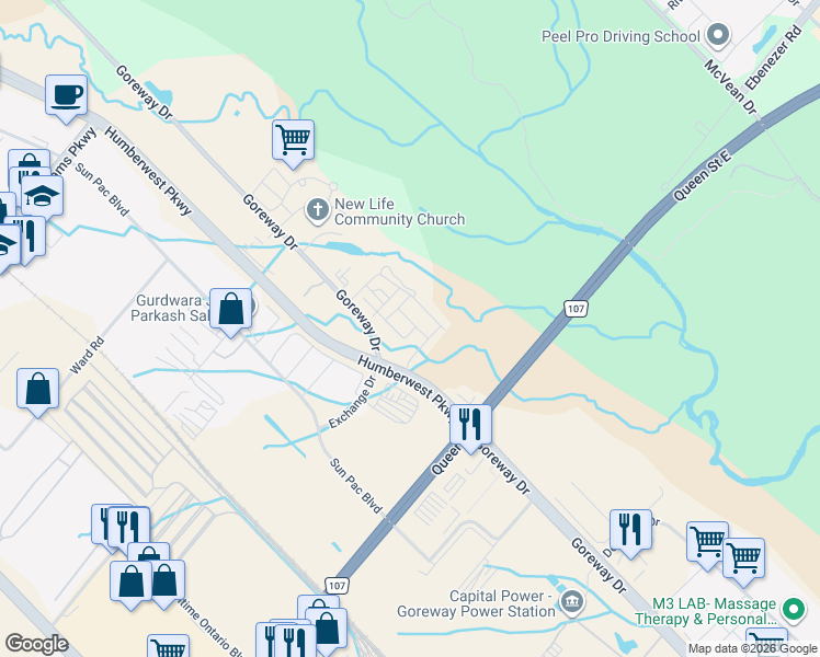 map of restaurants, bars, coffee shops, grocery stores, and more near in Brampton