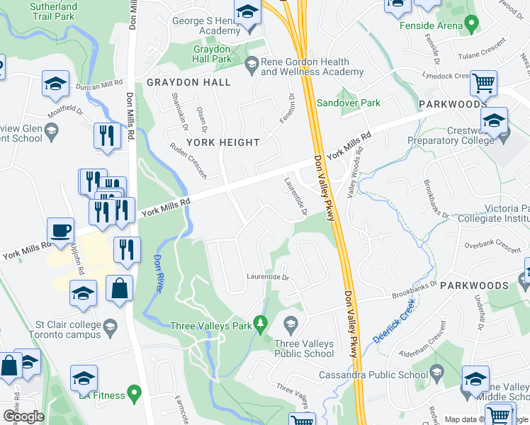 map of restaurants, bars, coffee shops, grocery stores, and more near 94 Laurentide Drive in Toronto