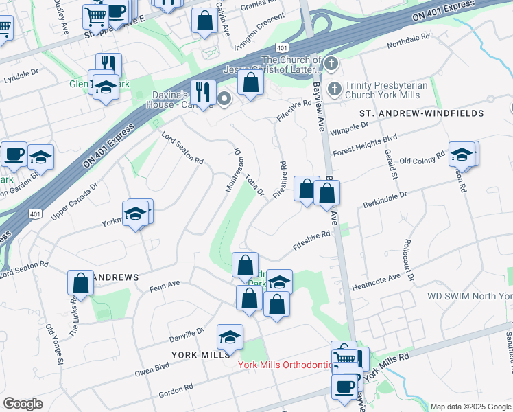map of restaurants, bars, coffee shops, grocery stores, and more near 50 Fifeshire Road in Toronto