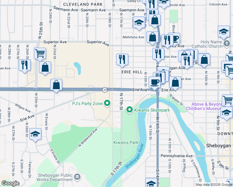 map of restaurants, bars, coffee shops, grocery stores, and more near 1721 Erie Avenue in Sheboygan