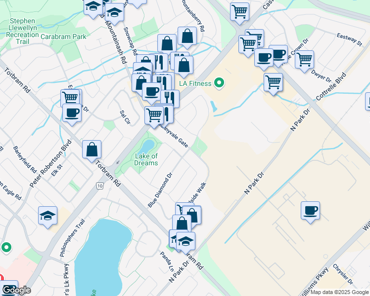 map of restaurants, bars, coffee shops, grocery stores, and more near 74 Blue Diamond Drive in Brampton