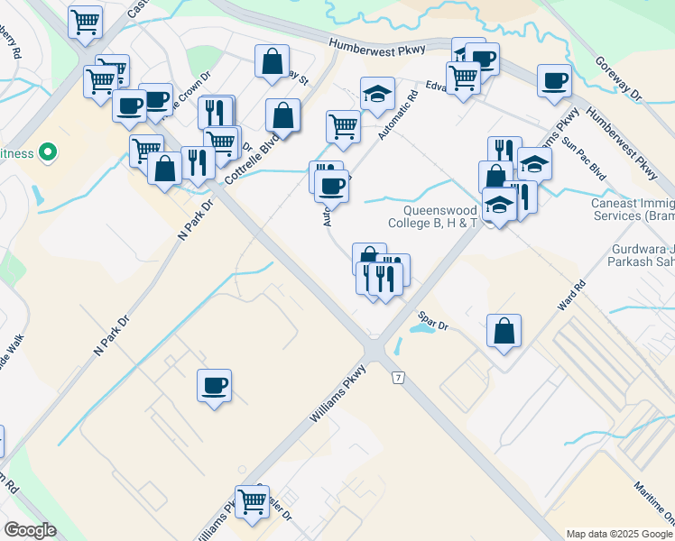 map of restaurants, bars, coffee shops, grocery stores, and more near 10 Automatic Road in Brampton
