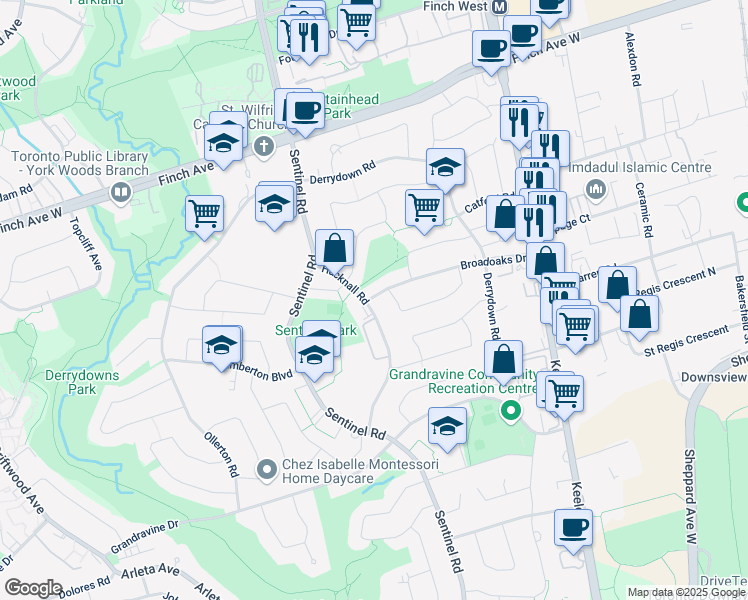 map of restaurants, bars, coffee shops, grocery stores, and more near 93 Hucknall Road in Toronto