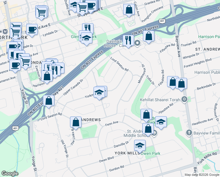 map of restaurants, bars, coffee shops, grocery stores, and more near 106 Yorkminster Road in Toronto