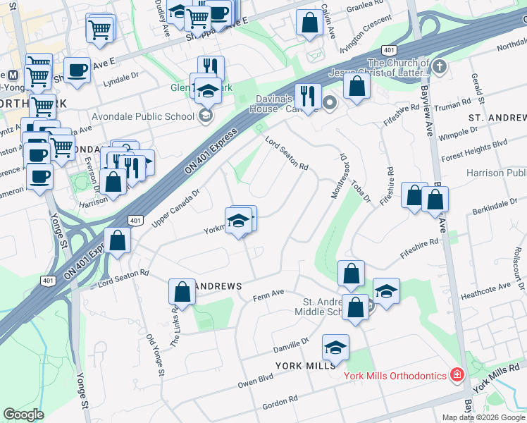 map of restaurants, bars, coffee shops, grocery stores, and more near in Toronto