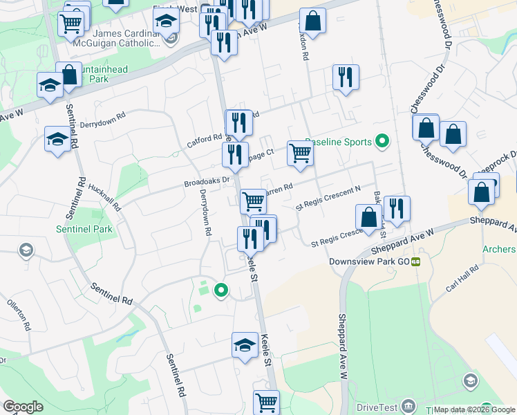 map of restaurants, bars, coffee shops, grocery stores, and more near in Toronto