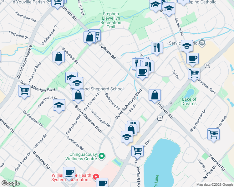 map of restaurants, bars, coffee shops, grocery stores, and more near 18 Prairie Rose Circle in Brampton