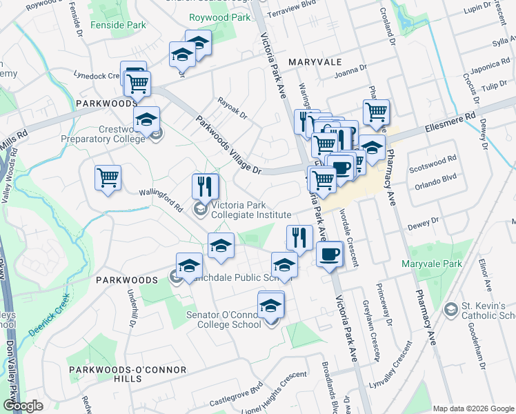 map of restaurants, bars, coffee shops, grocery stores, and more near 2 Pinemore Crescent in Toronto