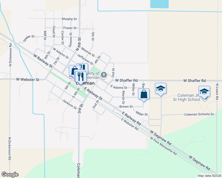 map of restaurants, bars, coffee shops, grocery stores, and more near 300 2nd Street in Coleman