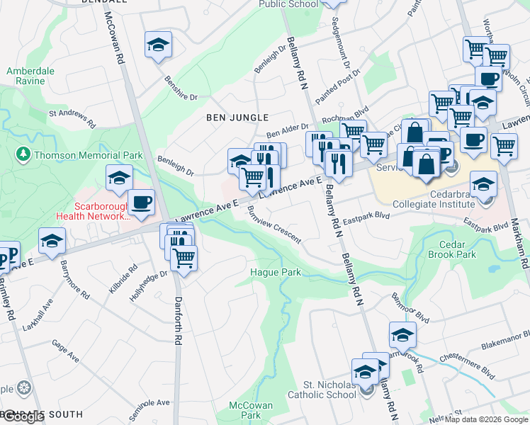 map of restaurants, bars, coffee shops, grocery stores, and more near 77 Gaiety Drive in Toronto