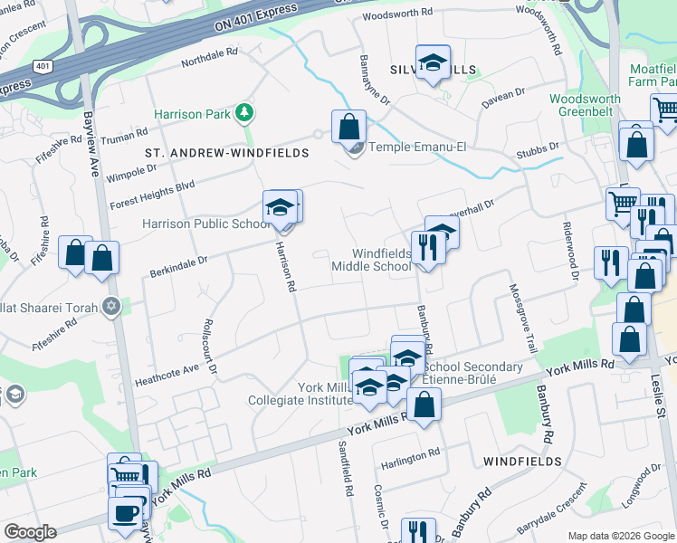 map of restaurants, bars, coffee shops, grocery stores, and more near 3 Vernham Court in Toronto