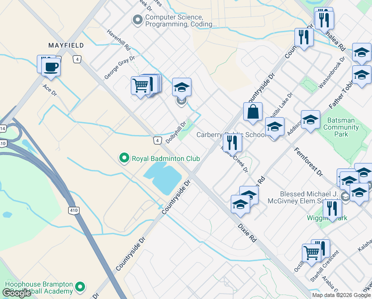 map of restaurants, bars, coffee shops, grocery stores, and more near in Brampton