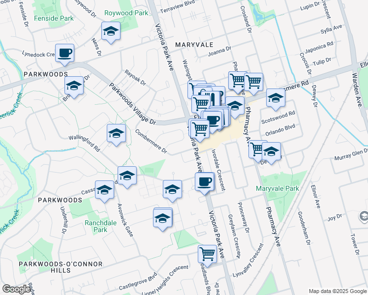 map of restaurants, bars, coffee shops, grocery stores, and more near 12 Combermere Drive in Toronto