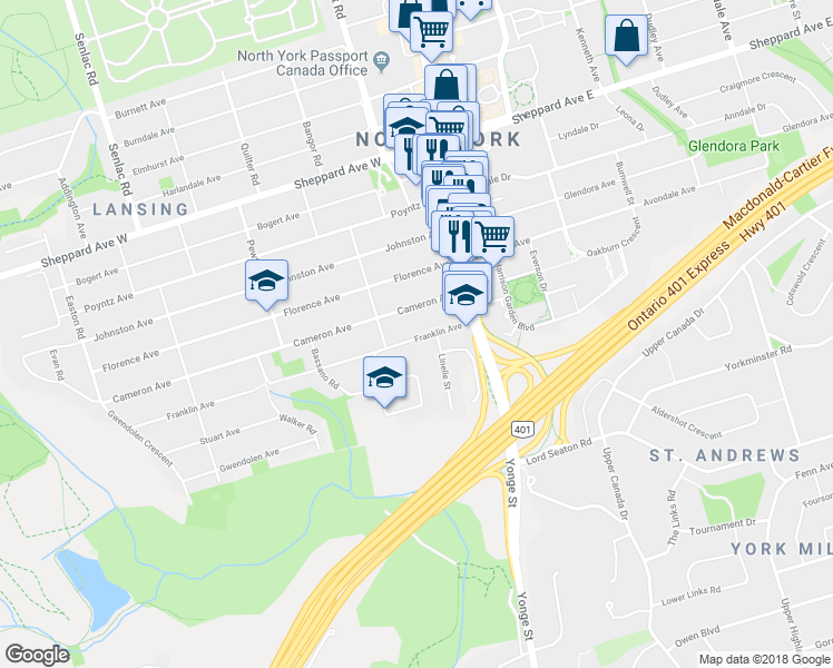 map of restaurants, bars, coffee shops, grocery stores, and more near 42 Franklin Avenue in Toronto
