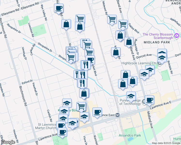 map of restaurants, bars, coffee shops, grocery stores, and more near in Toronto