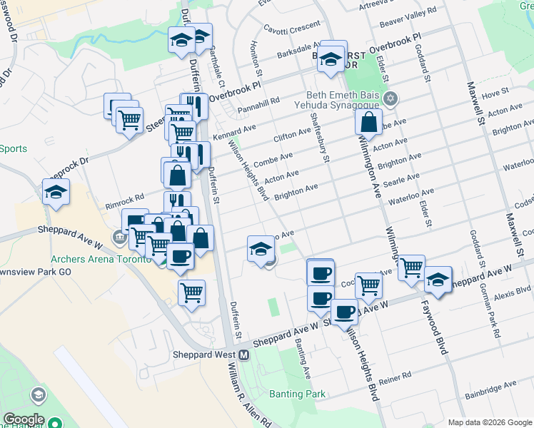 map of restaurants, bars, coffee shops, grocery stores, and more near 272 Searle Avenue in Toronto