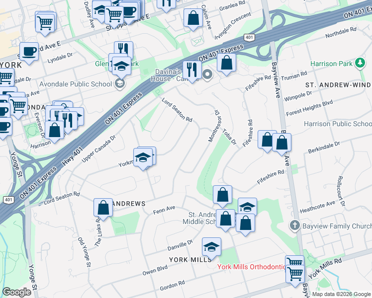 map of restaurants, bars, coffee shops, grocery stores, and more near in Toronto