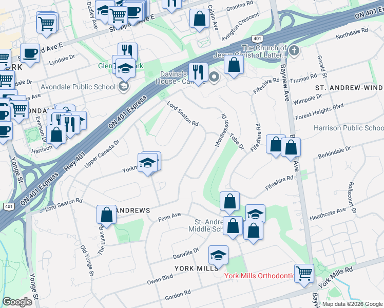 map of restaurants, bars, coffee shops, grocery stores, and more near 192 Lord Seaton Road in Toronto