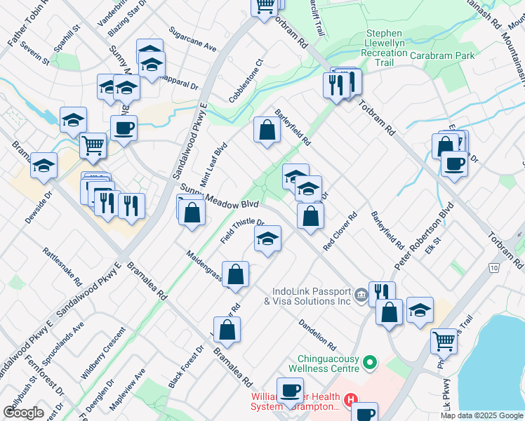 map of restaurants, bars, coffee shops, grocery stores, and more near 150 Sunny Meadow Boulevard in Brampton