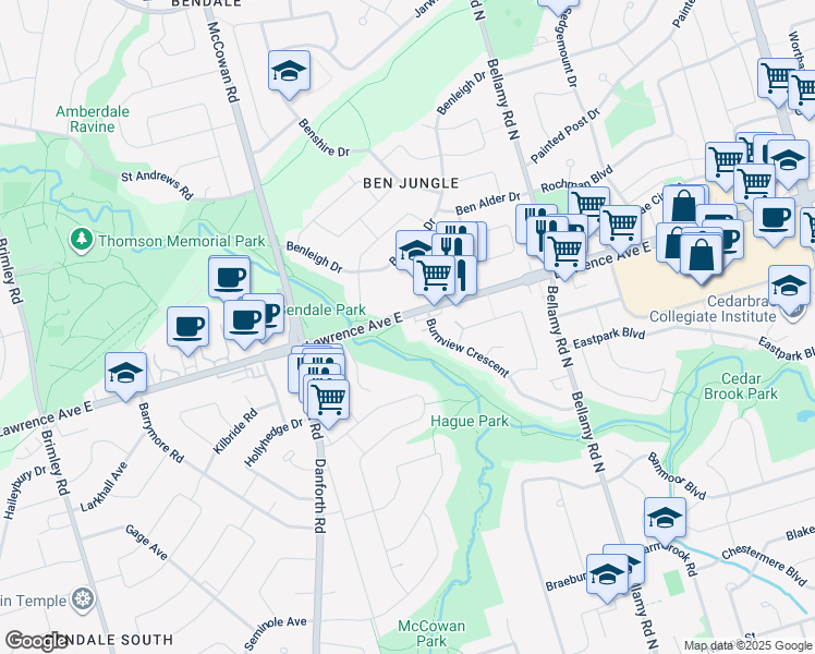 map of restaurants, bars, coffee shops, grocery stores, and more near 3201 Lawrence Avenue East in Toronto