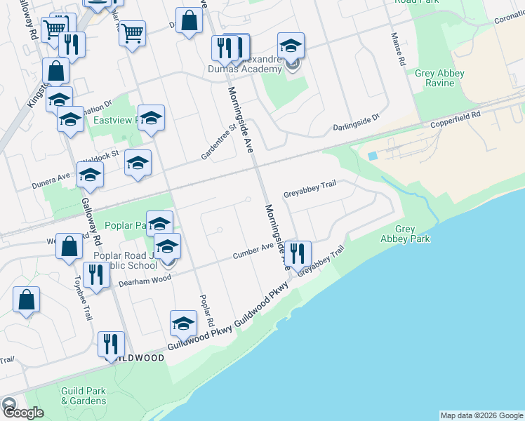 map of restaurants, bars, coffee shops, grocery stores, and more near 66 Morningside Avenue in Toronto
