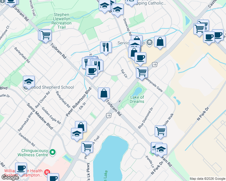 map of restaurants, bars, coffee shops, grocery stores, and more near 135 Ural Circle in Brampton