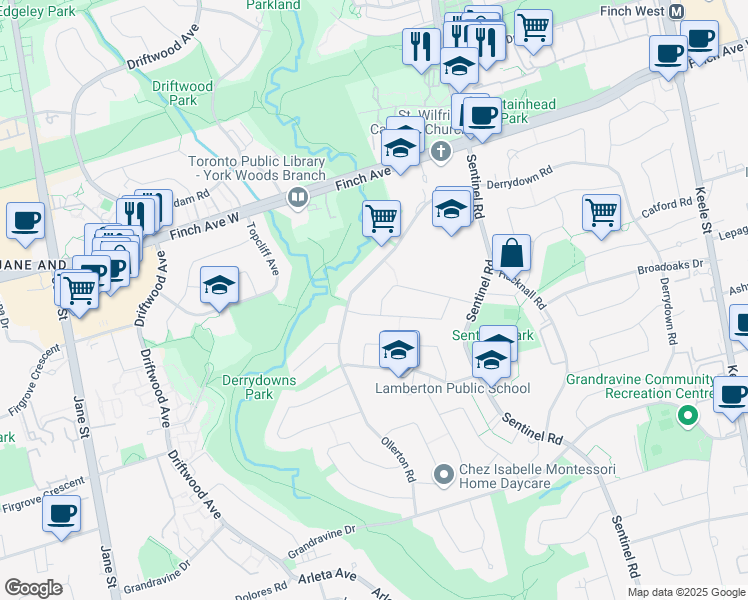 map of restaurants, bars, coffee shops, grocery stores, and more near 50 Dundee Drive in Toronto