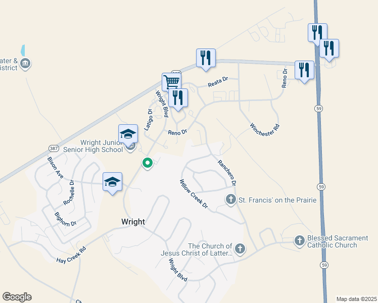 map of restaurants, bars, coffee shops, grocery stores, and more near 409 Kings Court in Gillette