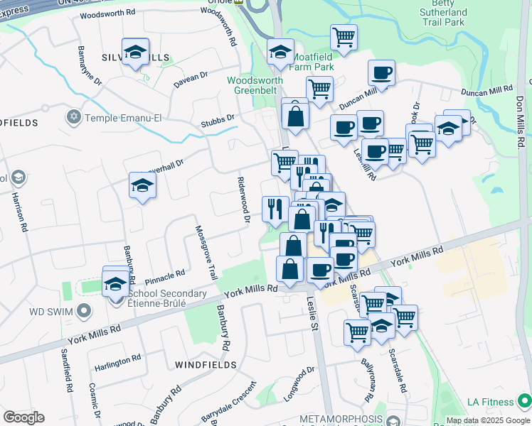 map of restaurants, bars, coffee shops, grocery stores, and more near 25 Kirkwood Road in Toronto
