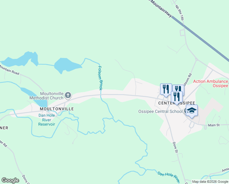 map of restaurants, bars, coffee shops, grocery stores, and more near 62 Moultonville Road in Ossipee