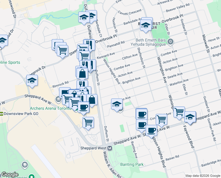 map of restaurants, bars, coffee shops, grocery stores, and more near 329 Brighton Avenue in Toronto