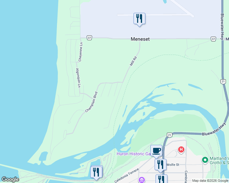 map of restaurants, bars, coffee shops, grocery stores, and more near 11 Sioux Lane in Goderich