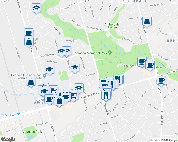 map of restaurants, bars, coffee shops, grocery stores, and more near 6 Stephenfrank Road in Toronto