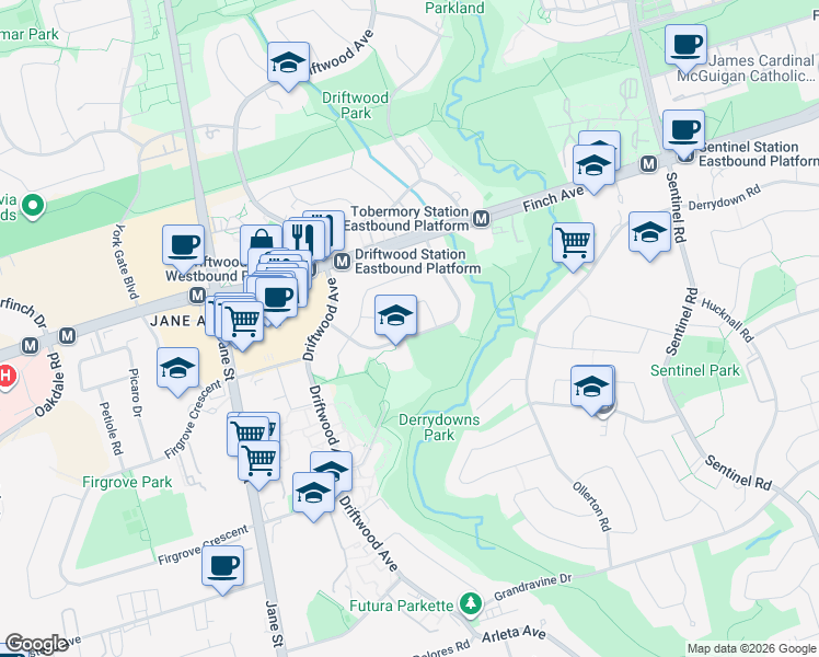 map of restaurants, bars, coffee shops, grocery stores, and more near 86 Topcliff Avenue in Toronto