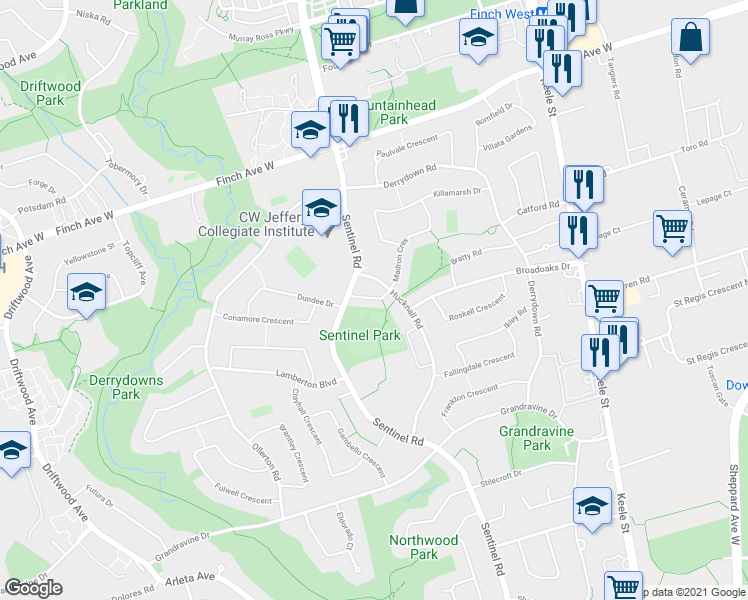 map of restaurants, bars, coffee shops, grocery stores, and more near 5 Mantello Drive in Toronto