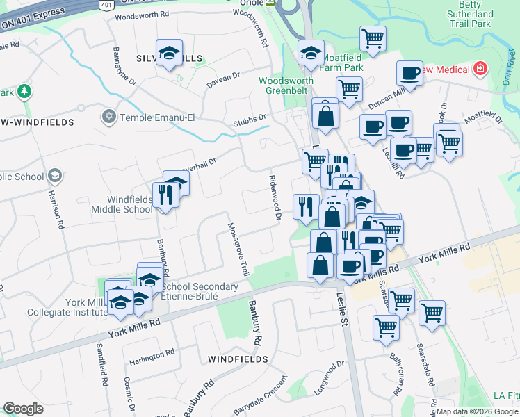 map of restaurants, bars, coffee shops, grocery stores, and more near 10 Magpie Crescent in Toronto