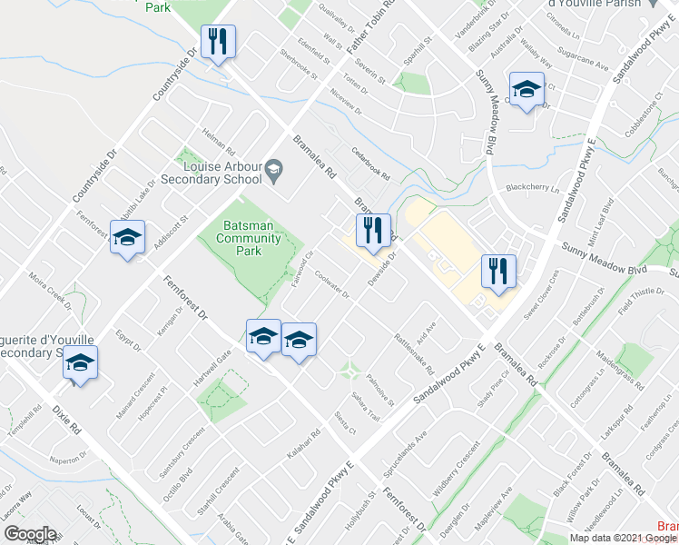 map of restaurants, bars, coffee shops, grocery stores, and more near 8 Nutwood Way in Brampton